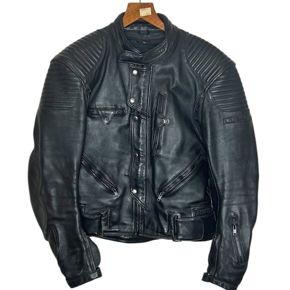 Vtg Teknic Black Leather Motorcycle Jacket Men’s Sz 40/50 Padded Biker Cafe Race - Picture 2 of 14